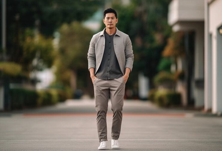 man walking in chinos and overshirt