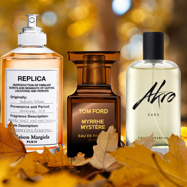 collage of three autumn colognes for men