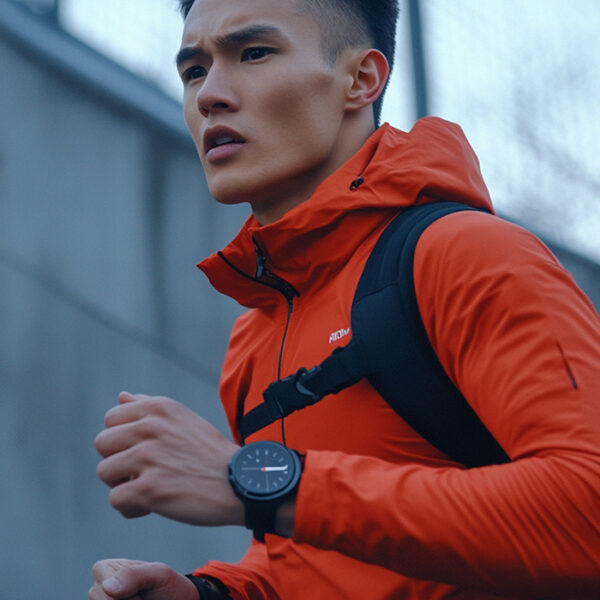 young man running with smart watch