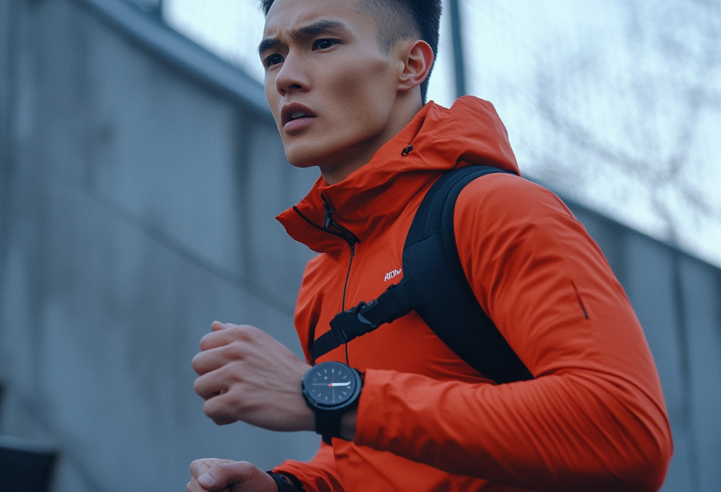 young man running with smart watch