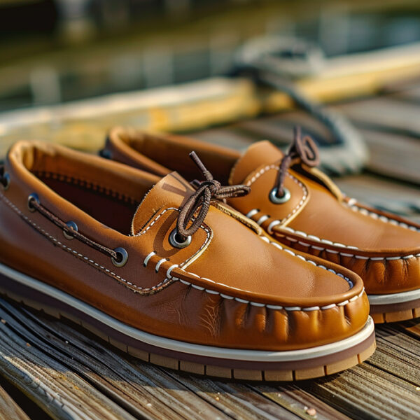 classic brown leather boat shoes on a wooden deck
