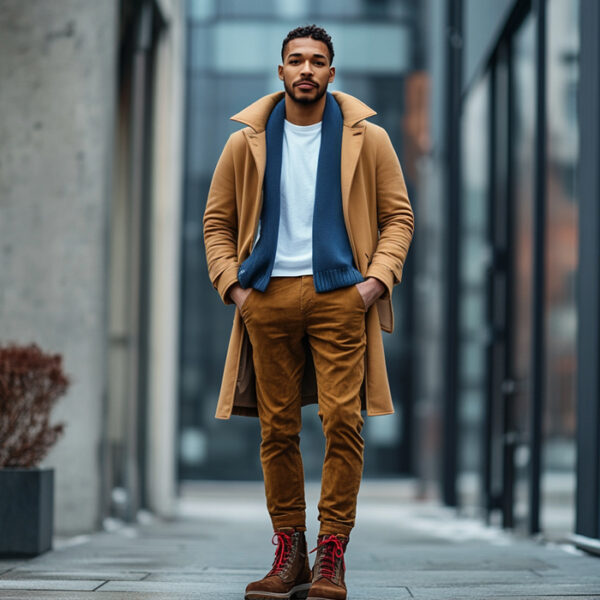 man in brown corduroy pants with a white tee and a bright blue cardigan