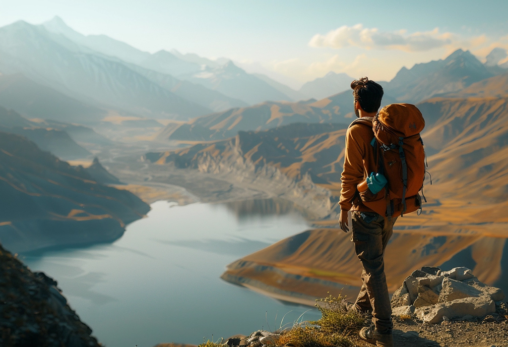 man standing at the top of the rock with a view on mountains and river