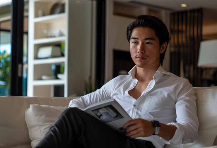 handsome man wearing dress shirt reading fashion magazine