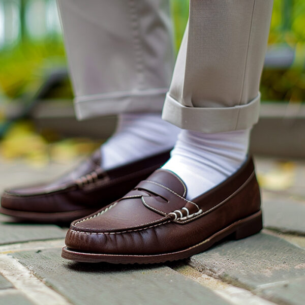 pair of dark brown loafers paired with white socks