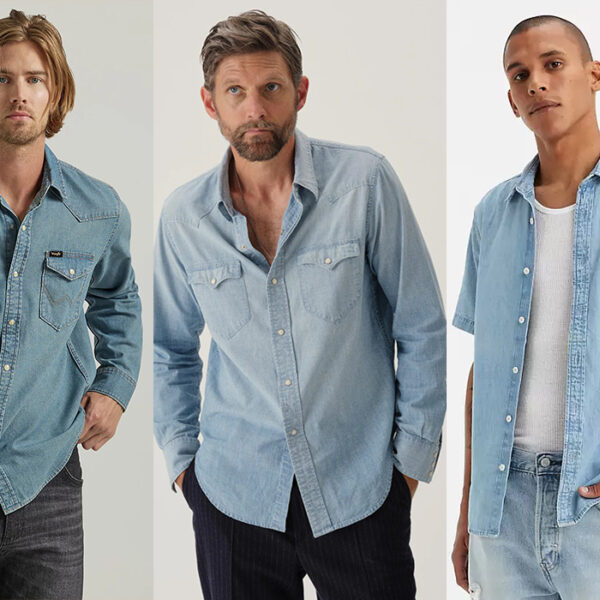 collage of three men wearing denim shirts