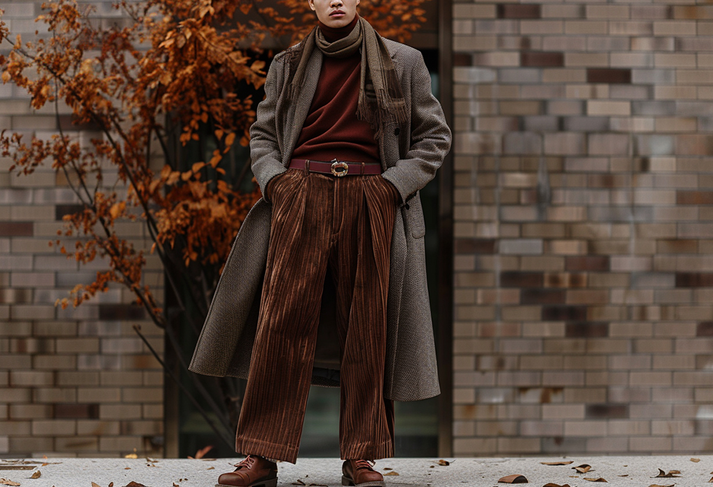 man wearing wide-leg brown pleated corduroy pants with a thick wool maroon turtleneck sweater tucked in