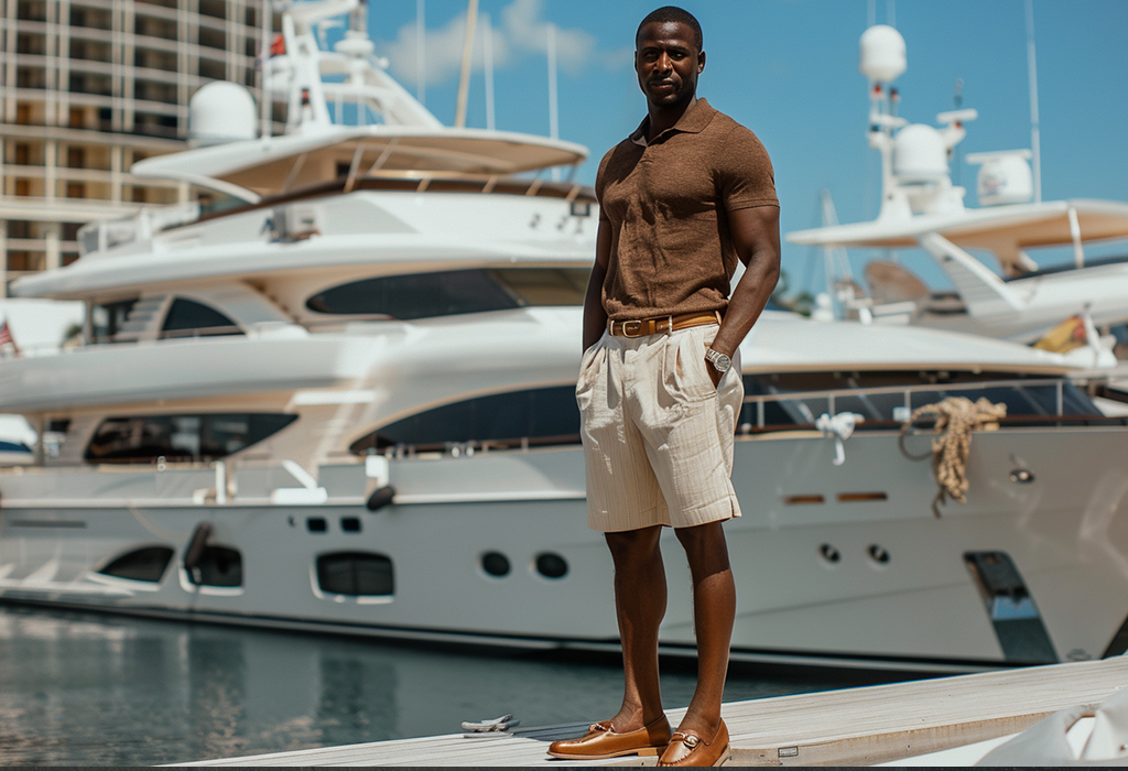 man in knot shirt and shorts standing in front of yacht