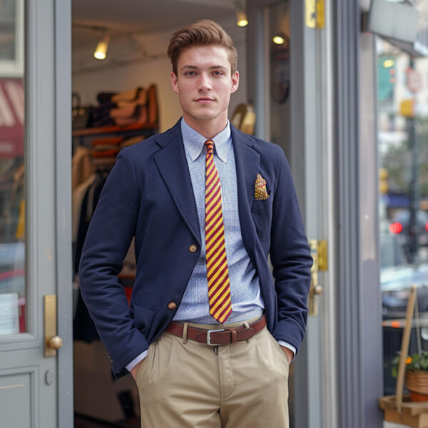 ivy style young man wearing a pair of high-waisted khaki chinos with a striped oxford shirt