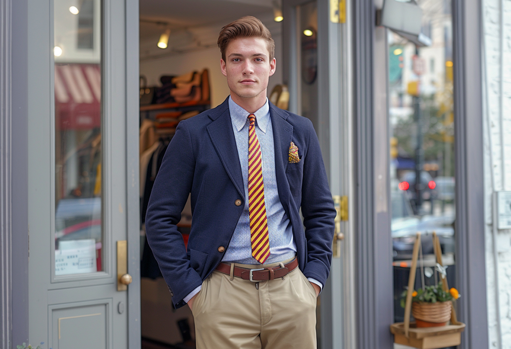 ivy style young man wearing a pair of high-waisted khaki chinos with a striped oxford shirt