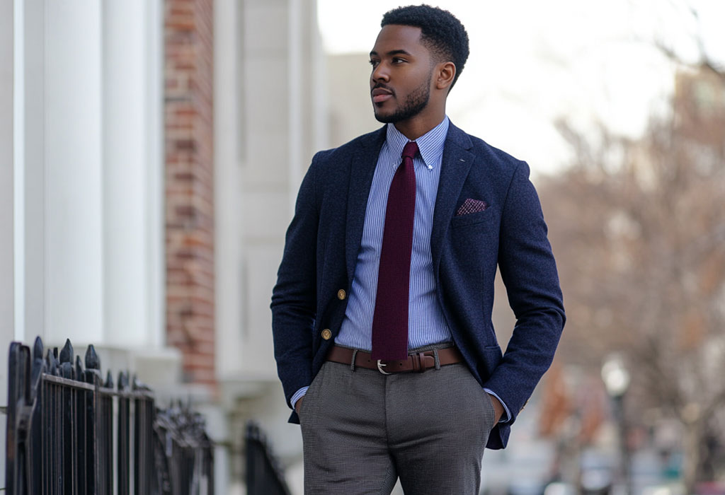hopsack wool navy blazer with a pair of medium gray flannel wool trousers 