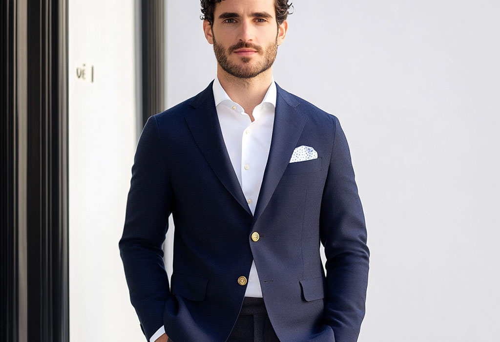hopsack wool navy blazer with gold buttons