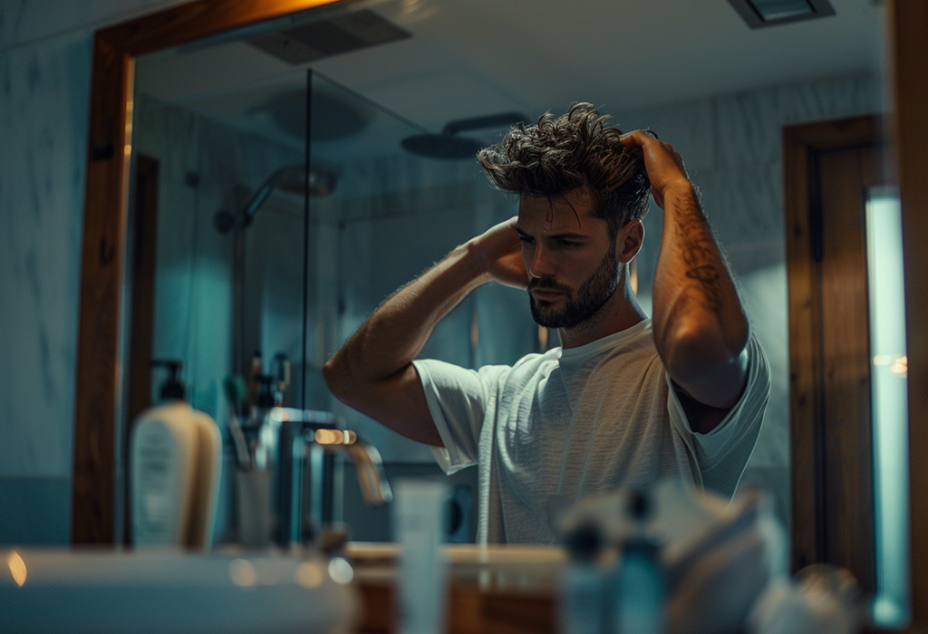 man in front of mirror applying hair product