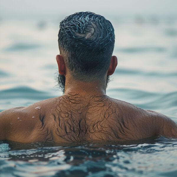 man in water with hairy back