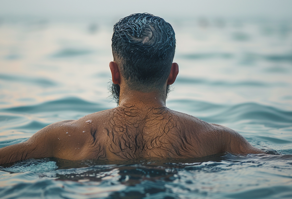 man in water with hairy back