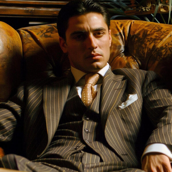 suave-looking male mobster sitting in a plush leather chair and wearing a fine Italian pinstripe suit