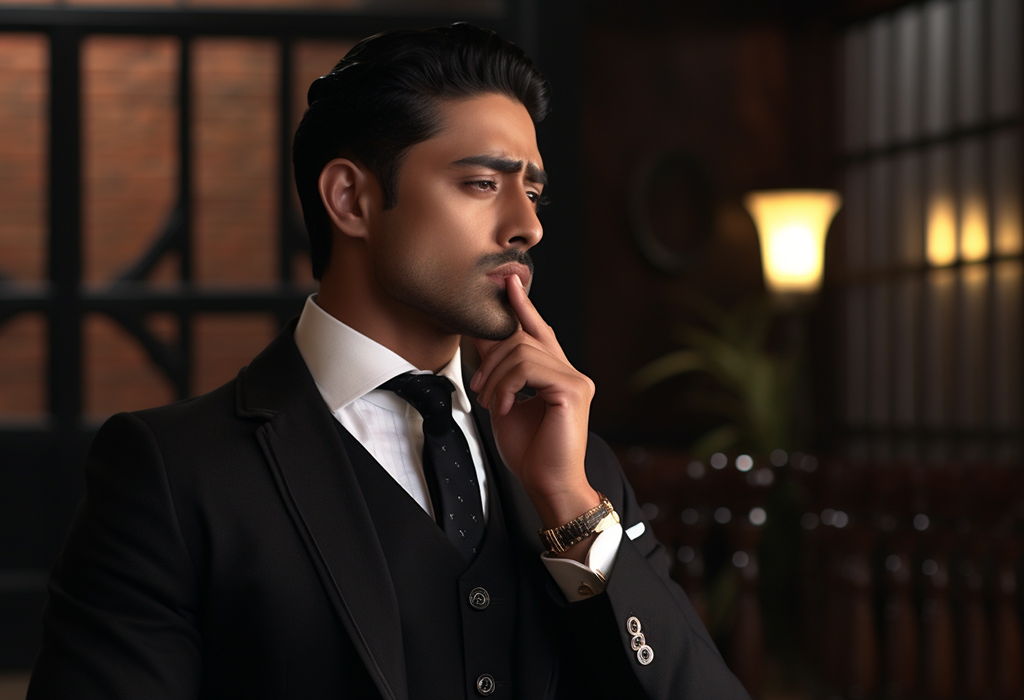 sharp dressed man in suit thinking with a finger touching his lip