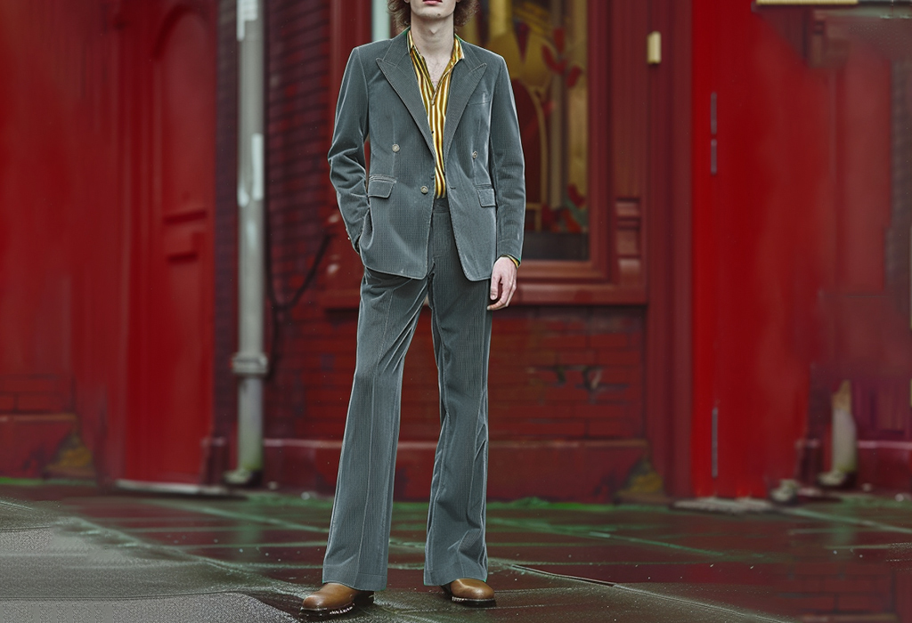 man wearing a 70s style sharkskin suit with flared legs