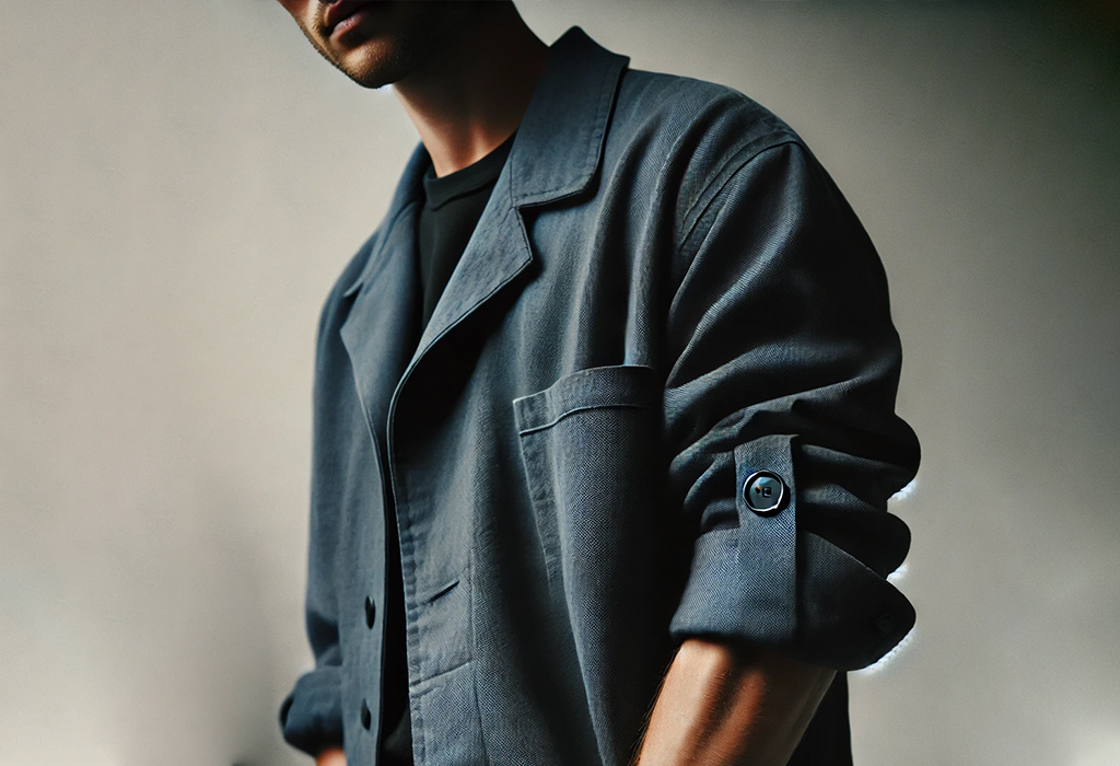 man wearing a french chore coat with the sleeves rolled up and fastened to a button placed near the bicep