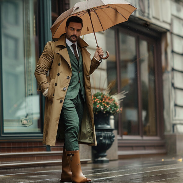 man wearing a long and dramatic tan trench coat over a green tweed suit and tall brown rubber rain boots, holding an elegant wood-handled umbrella