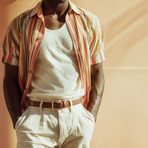 man wearing a ribbed white tank top tucked into cream linen pants
