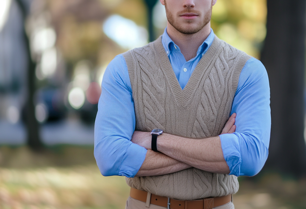 man wearing a tan wool cable-knit sweater vest with a v-neck over a blue oxford shirt with the sleeves rolled up
