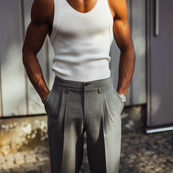 man wearing a white ribbed tank top tucked into pleated gray trousers