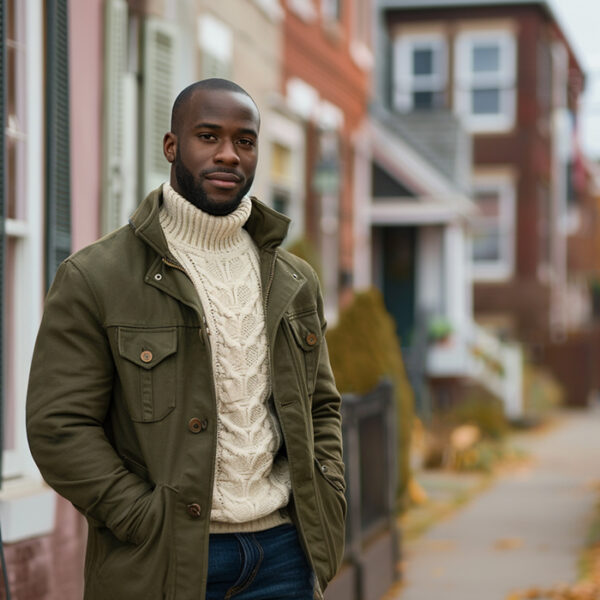 olive barn coat over a cream-colored cable-knit sweater and jeans
