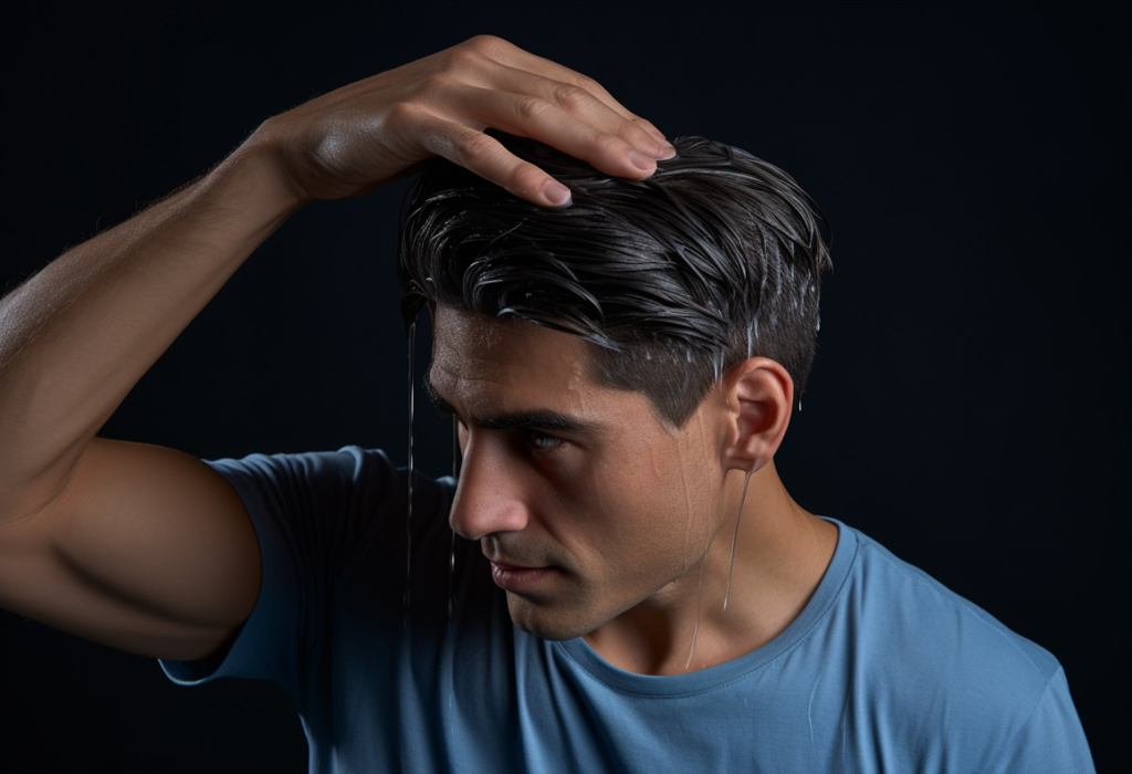 man touching hair