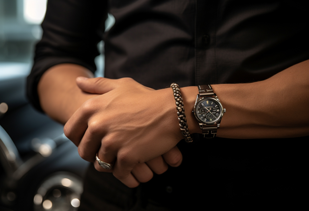 bracelet and watch on man's wrist