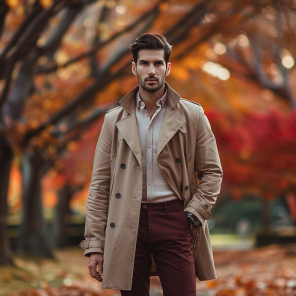 man wearing coat in a park with fallen leaves