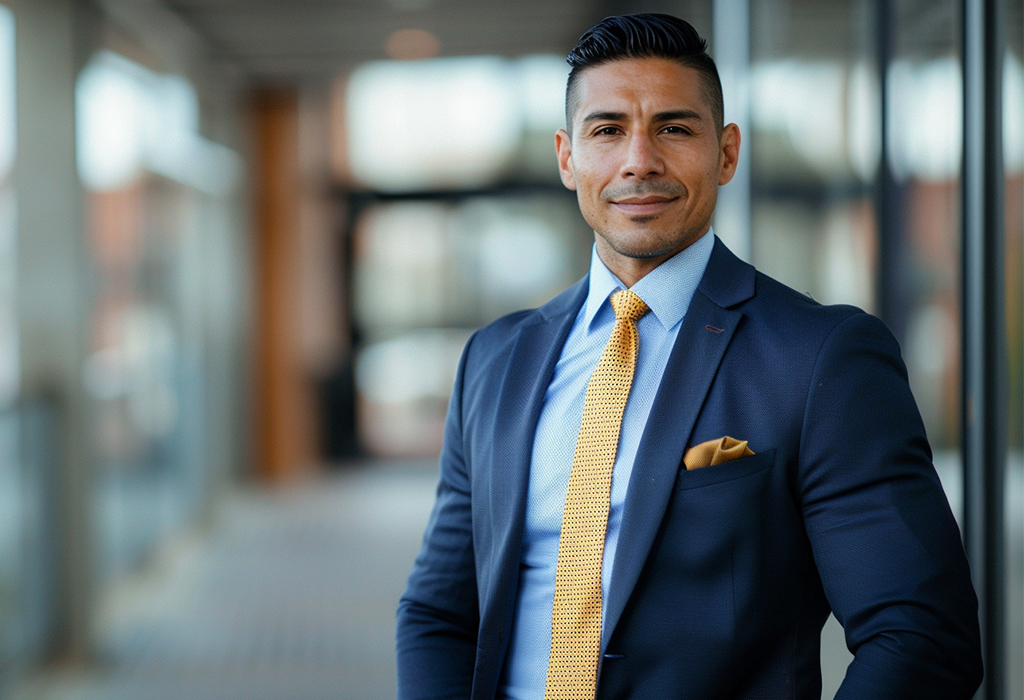 navy suit with a light blue shirt and mustard-yellow tie