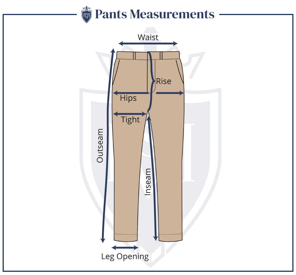 Infographic of the measurement of pants rise - from the crotch seam to the waistline