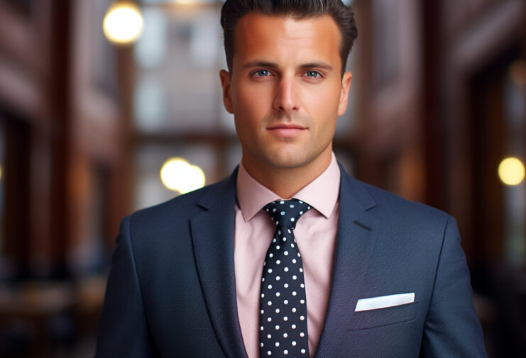 man wearing navy blue suit with polka dot necktie