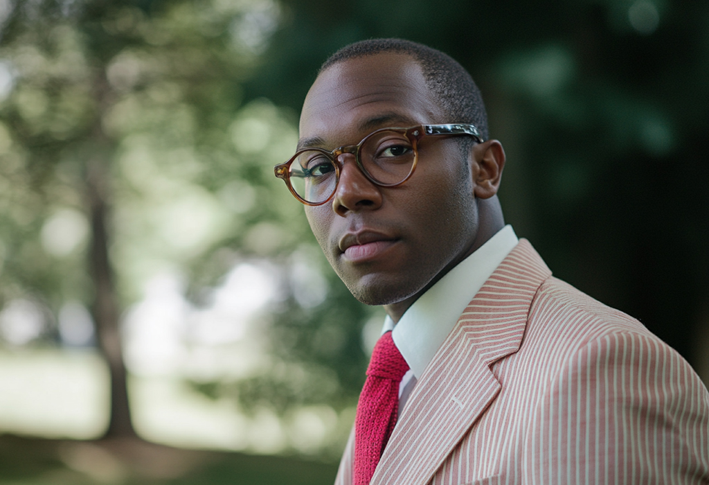 red knit tie with seersucker suit