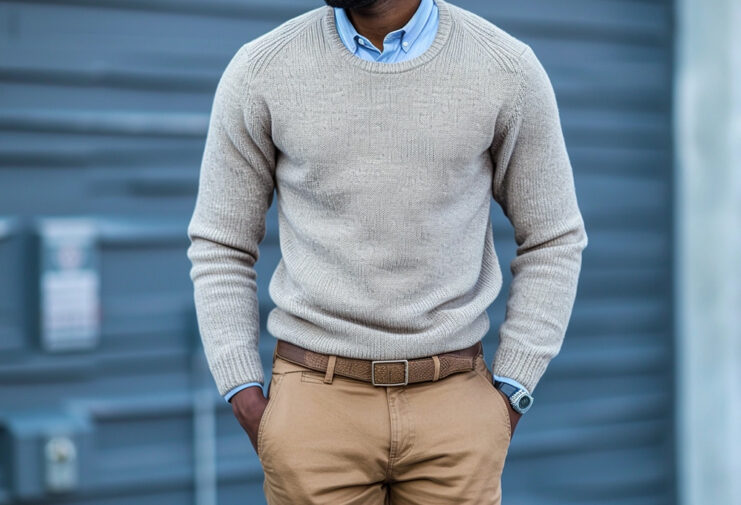 man wearing button down shirt with crew neck sweater and chinos
