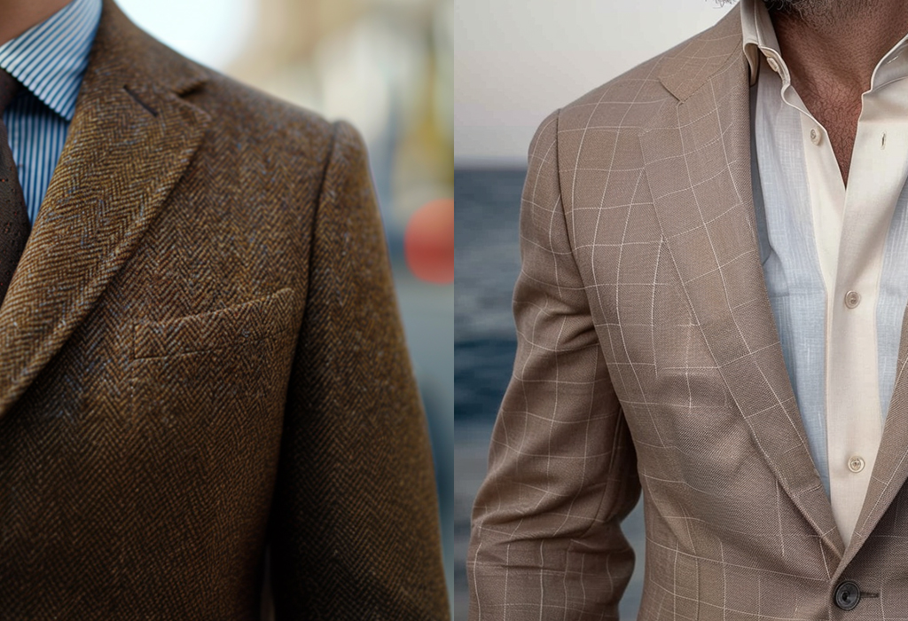 brown wool suit jacket with a structured, padded shoulder next to a tan cotton suit jacket with a soft, unstructured shoulder
