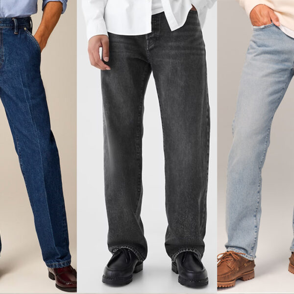 three men wearing various styles of winter jeans