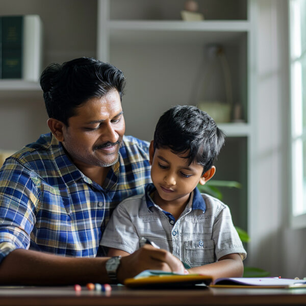 father helps son with school