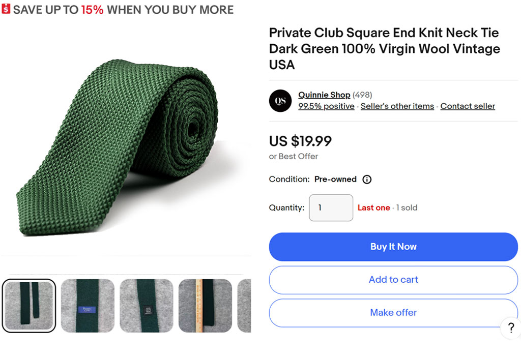 vintage knit tie listing on eBay