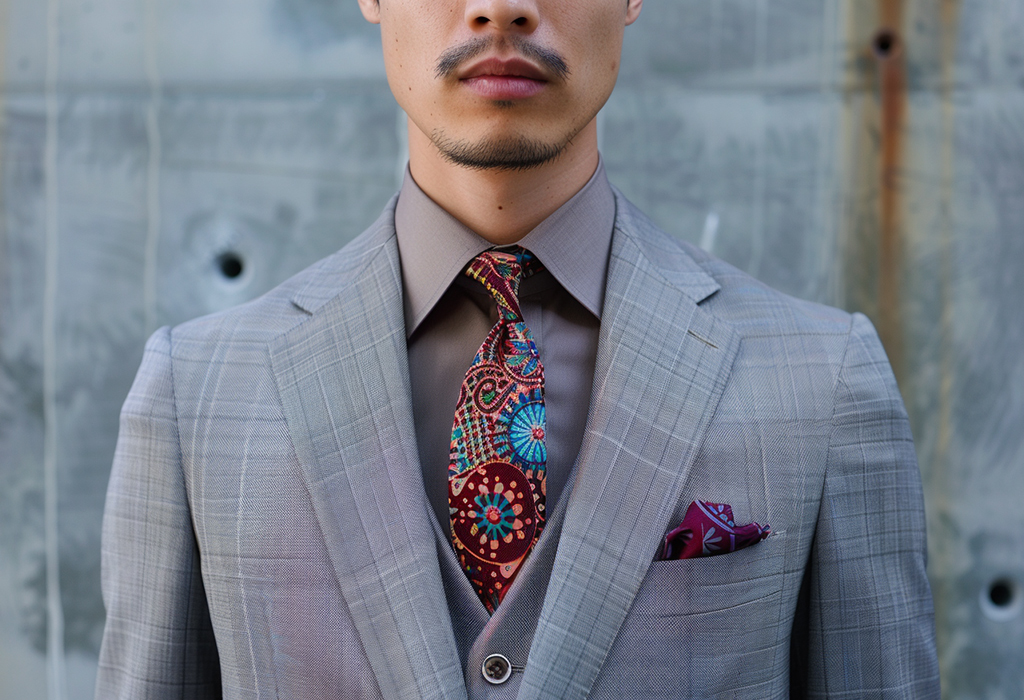 man wearing a vintage-style gray sharkskin suit with a pointy spearpoint collar shirt
