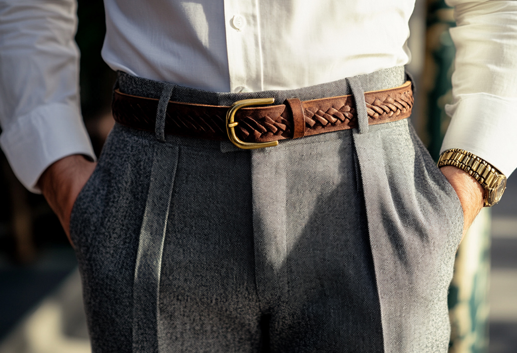 wide-leg, high-waisted, pleated, gray wool trousers with a brown braided leather belt with a brass buckle