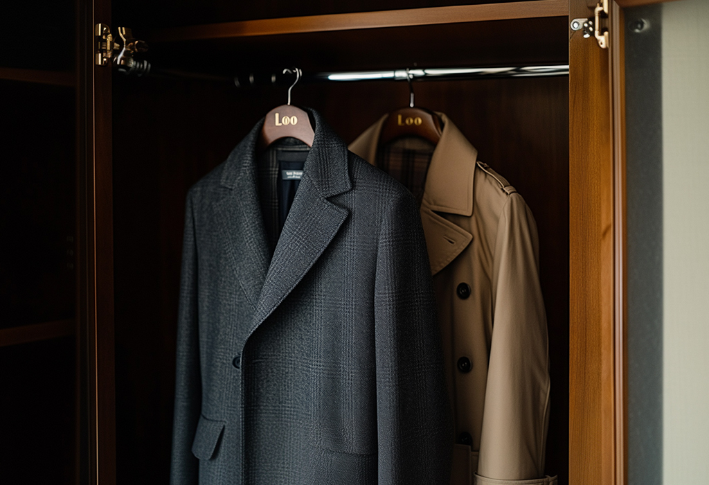 wool overcoat and a trench coat hanging in a coat closet