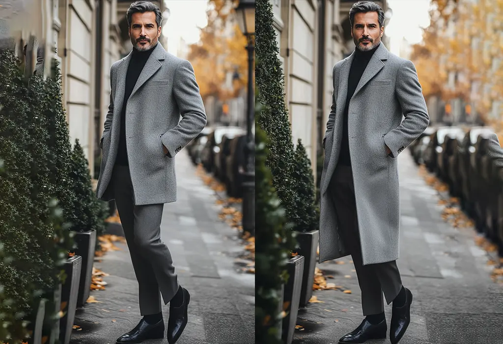 comparison of man wearing long and short overcoat